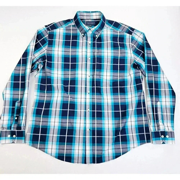 Mason James Size Large Men's White Aqua Gray Blue Check Button Down Pocket Shirt - Picture 1 of 10